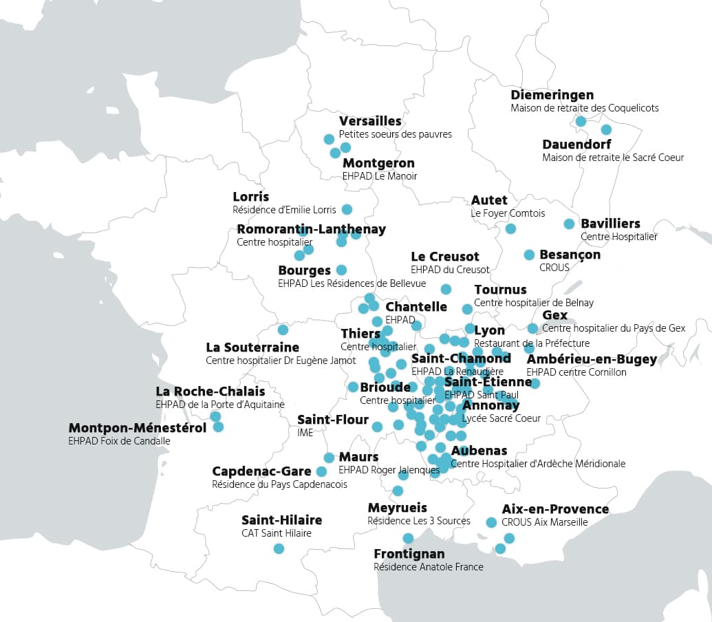 Map of France showing Réactiv’s intervention sites with city markers