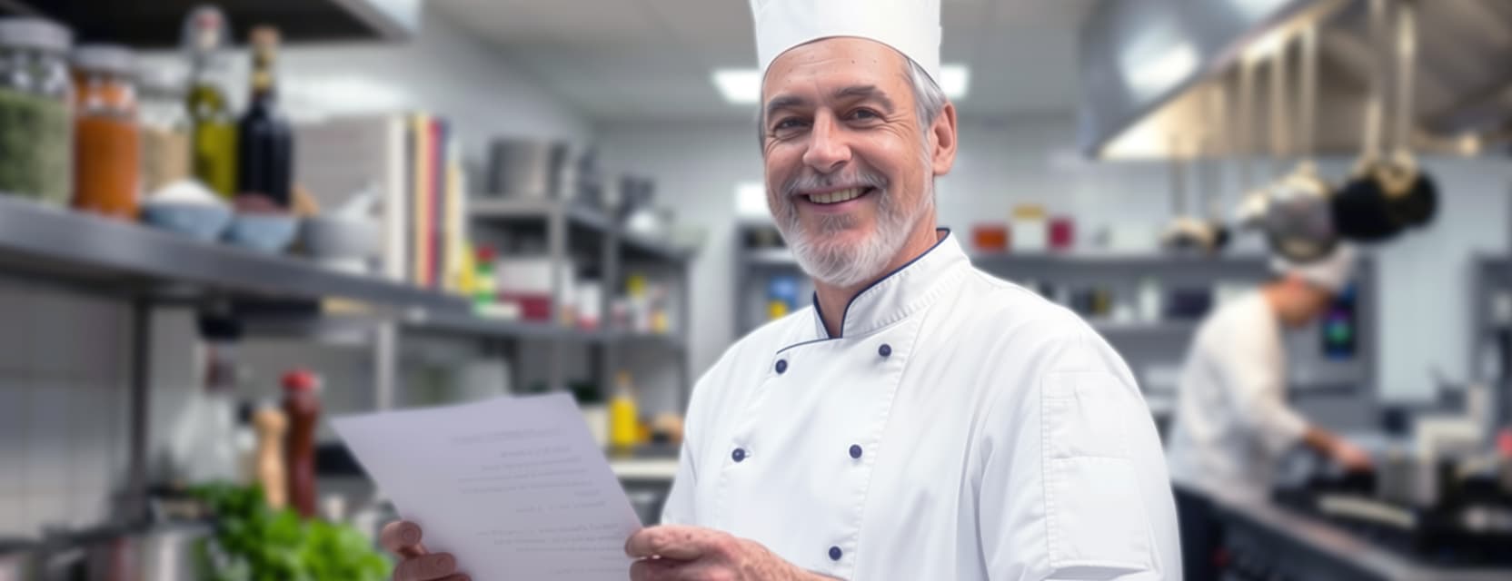 A smiling chef holding a notebook