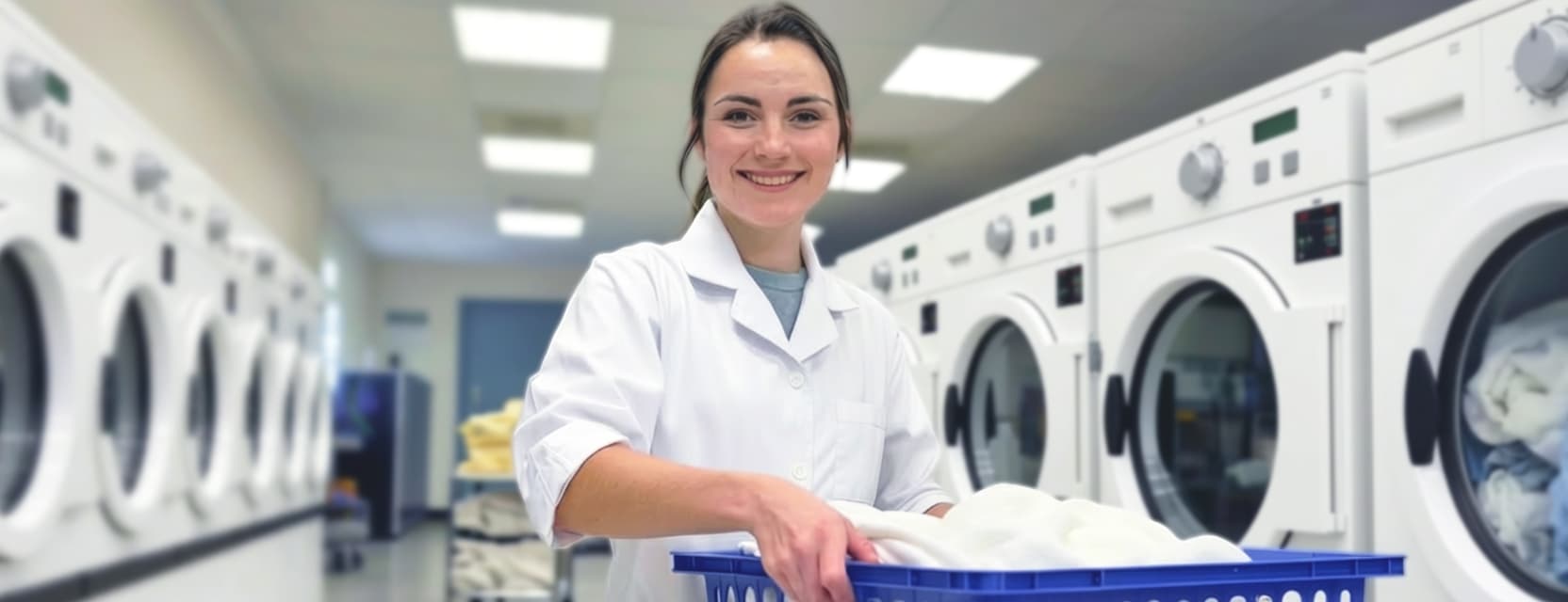 A smiling laundry worker collecting linens