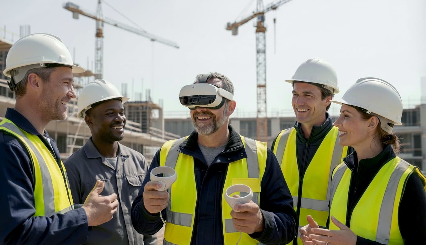 Un travailleur de l'industrie de la construction utilisant un casque VR avec ses collègues