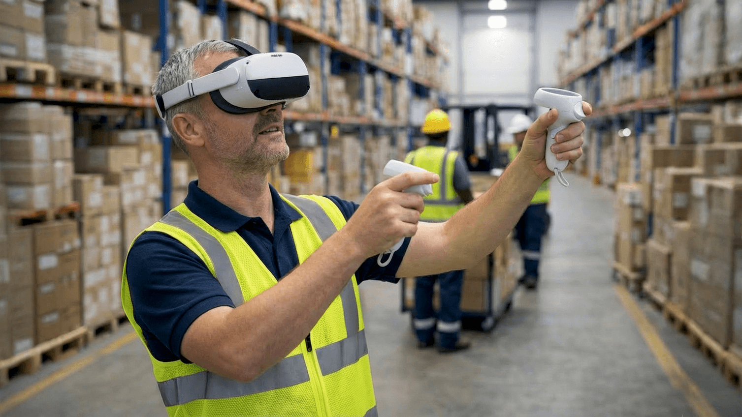 A logistics industry worker using a VR headset