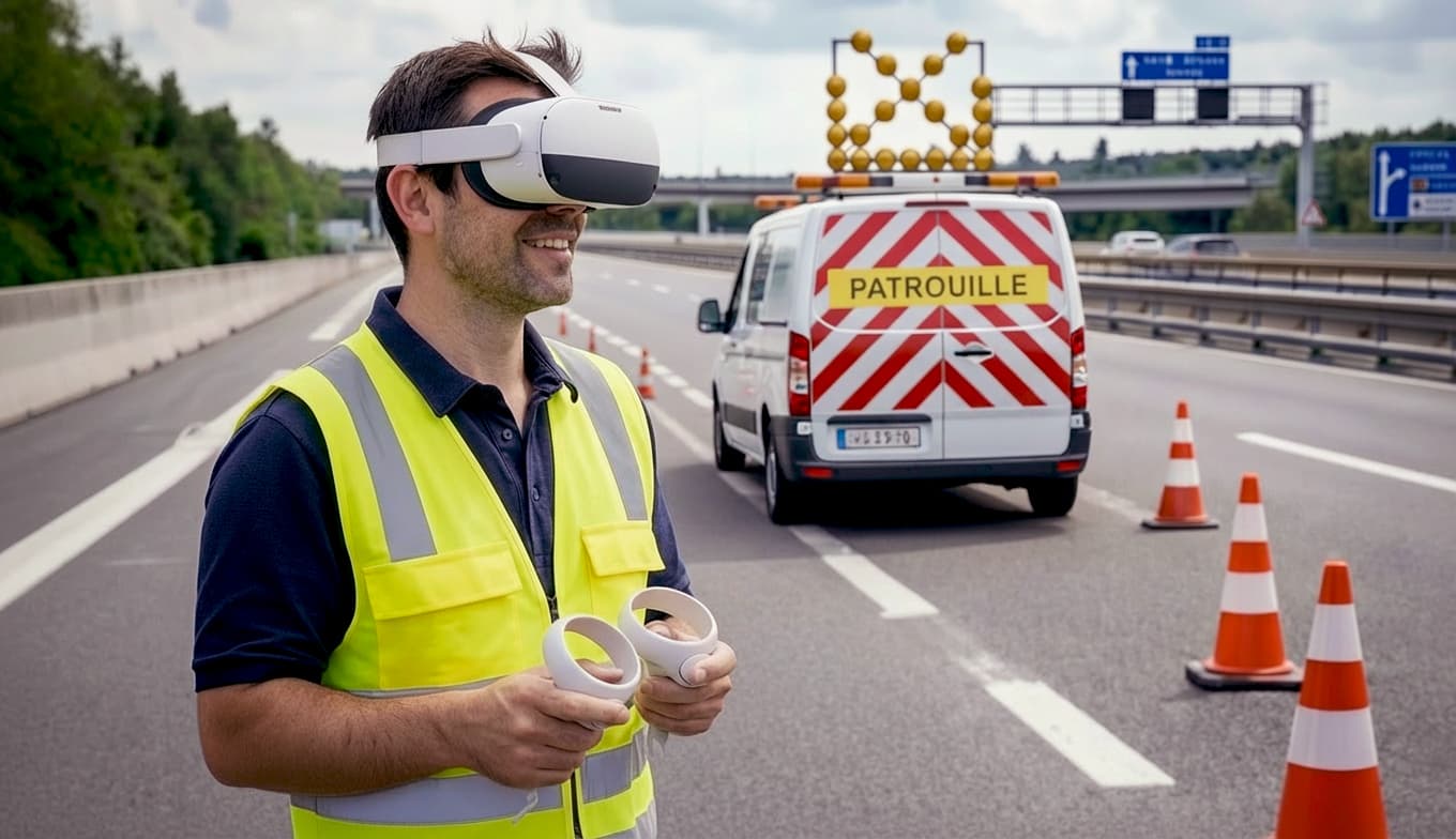 A highway patrol officer using a VR headset