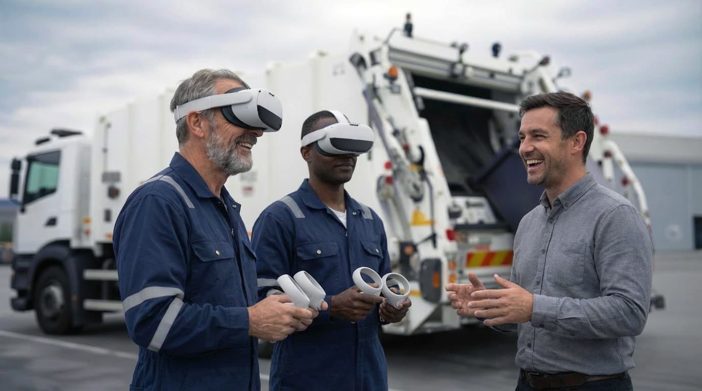 Des travailleurs de l'industrie de la gestion des déchets immergé utilisant des casques VR