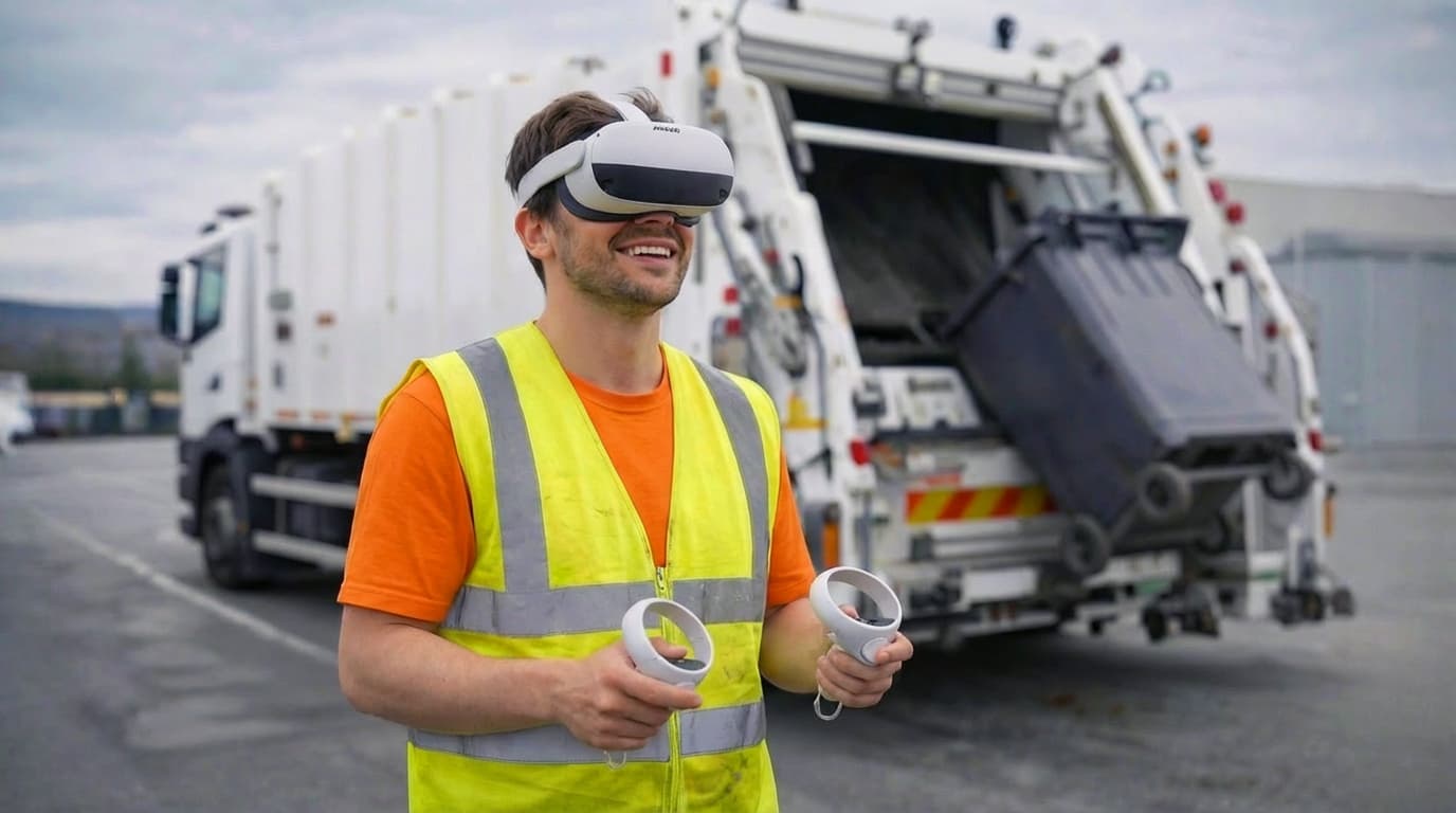 Un travailleur de l'industrie de la gestion des déchets utilisant un casque VR