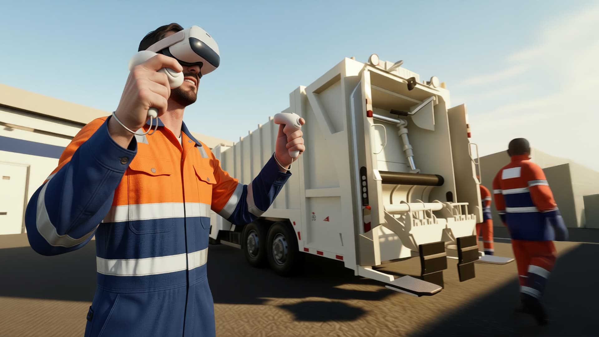 Un travailleur de l'industrie de la gestion des déchets immergé dans un exercice VR