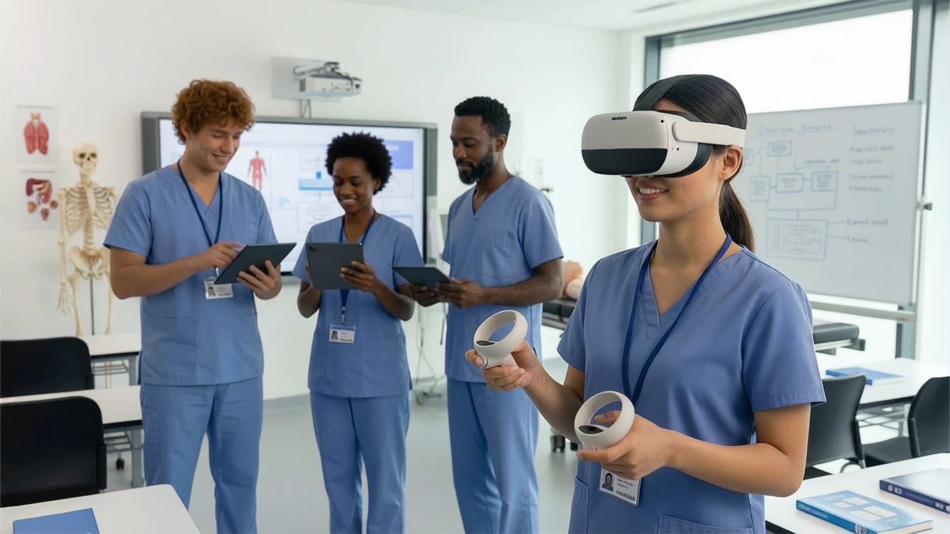 A healthcare worker using a VR headset
