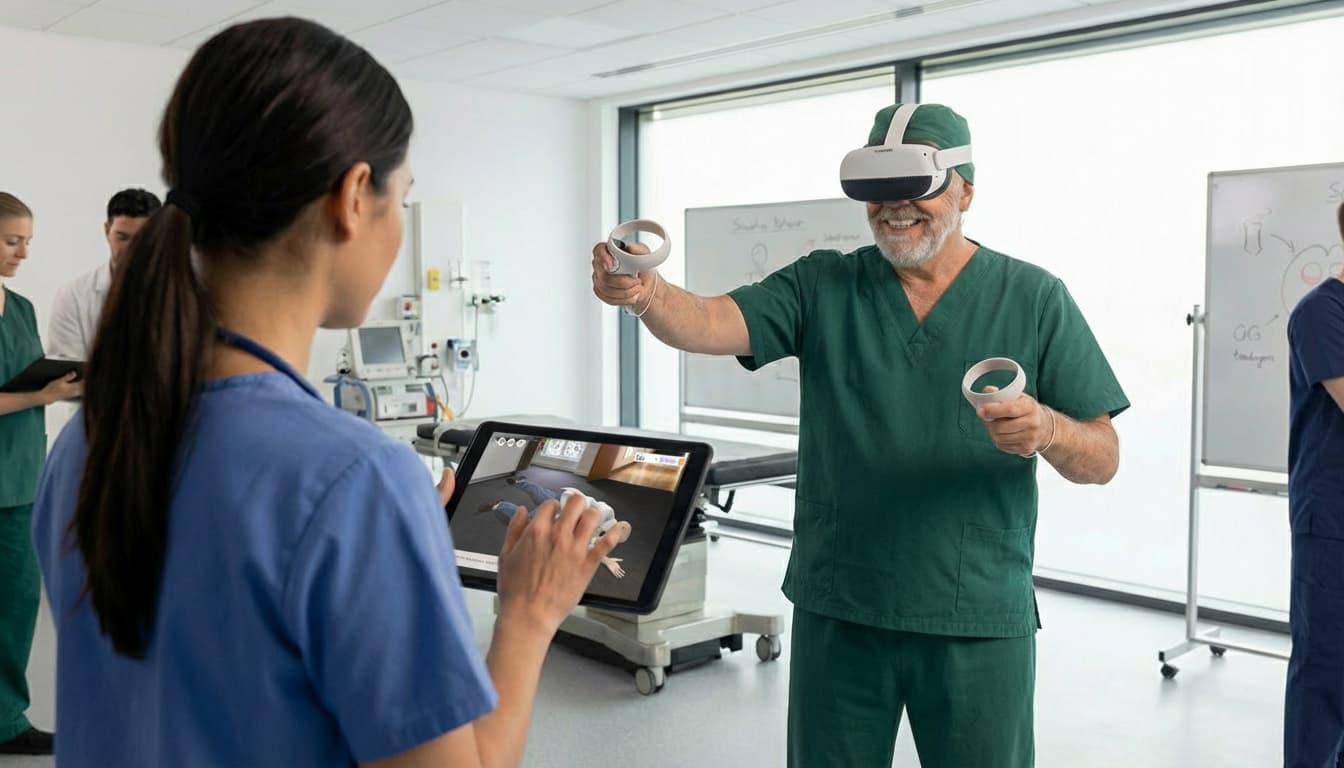 Healthcare workers using a VR headset and tablet