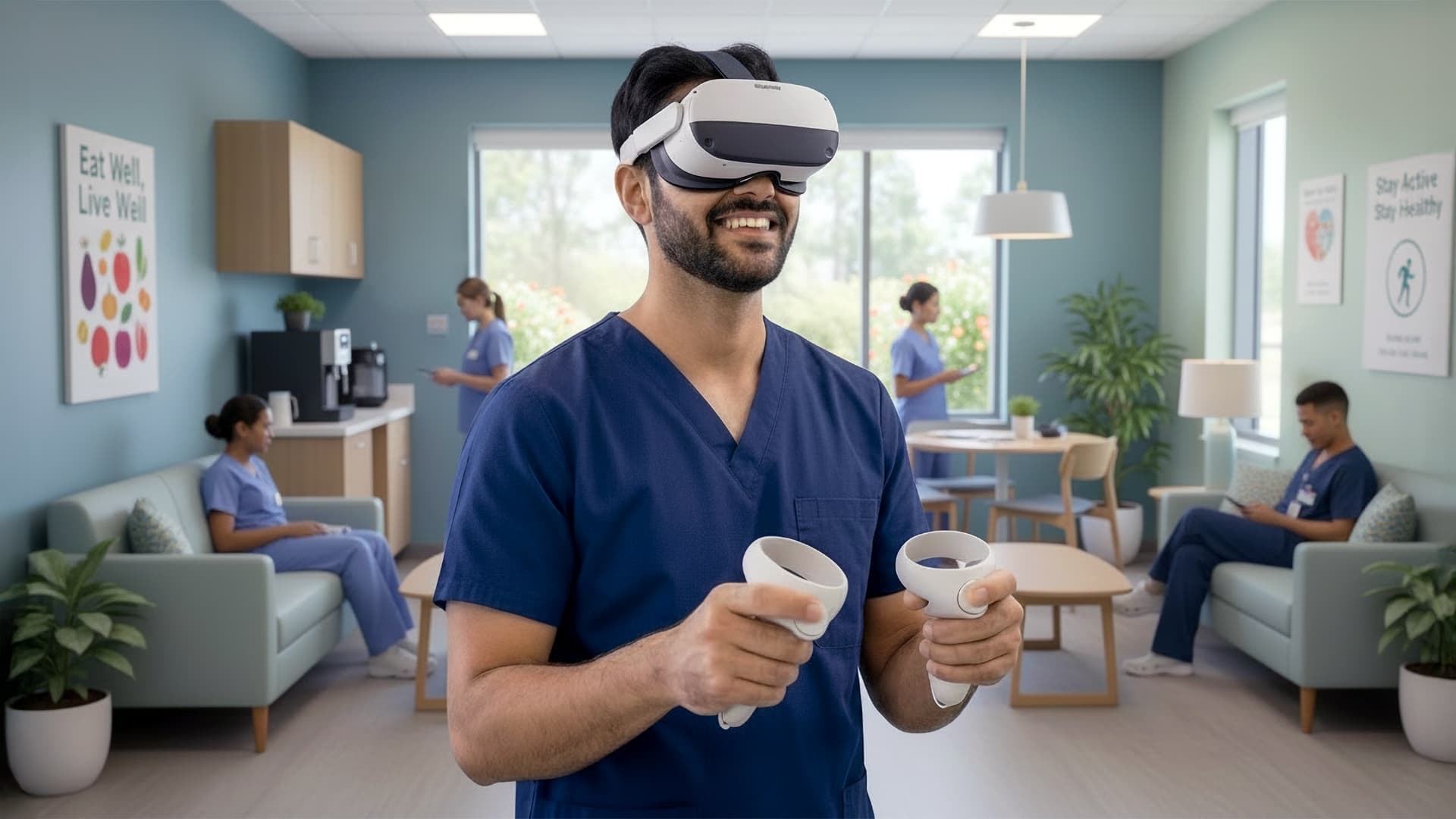 A healthcare worker using a VR headset