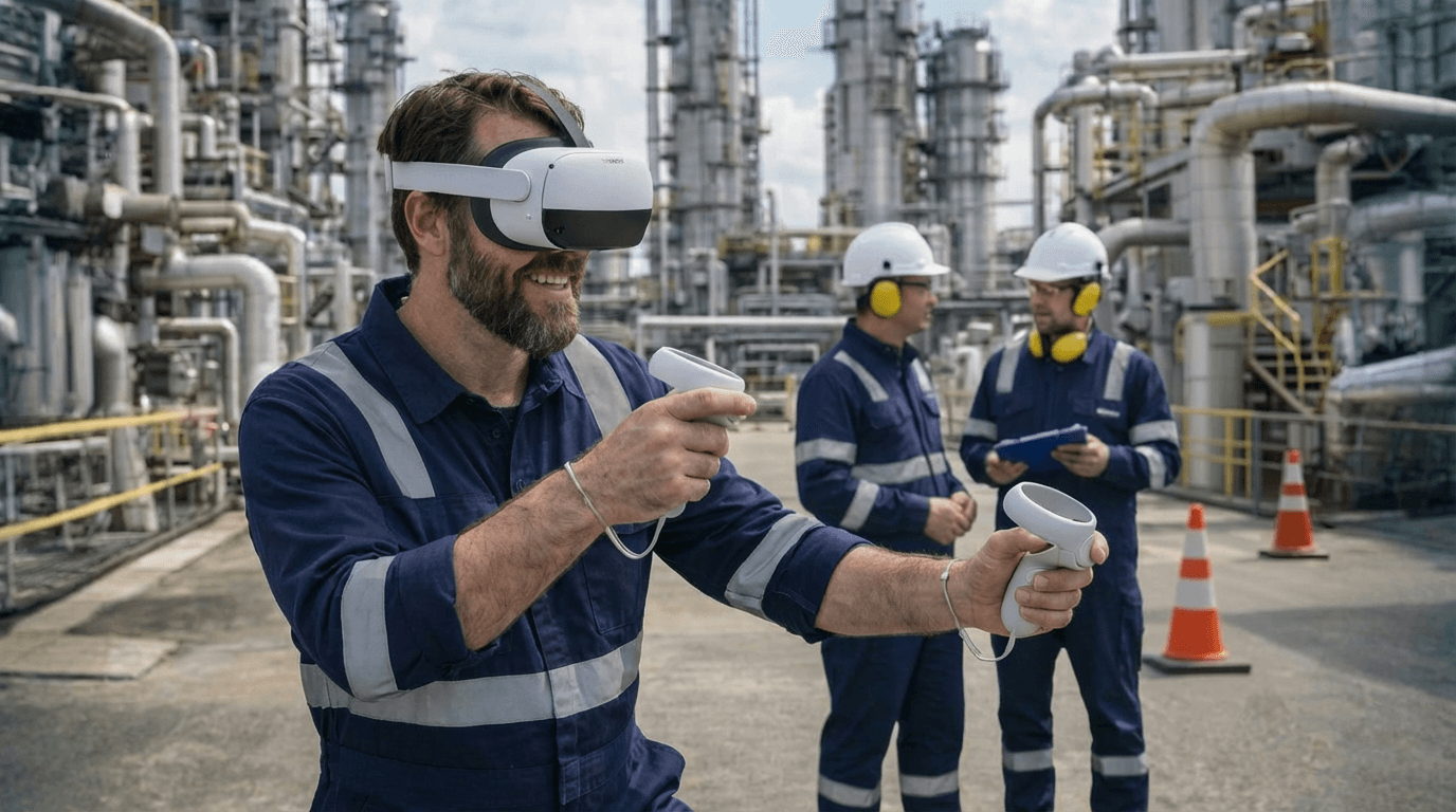 A petrochemical industry worker using a VR headset