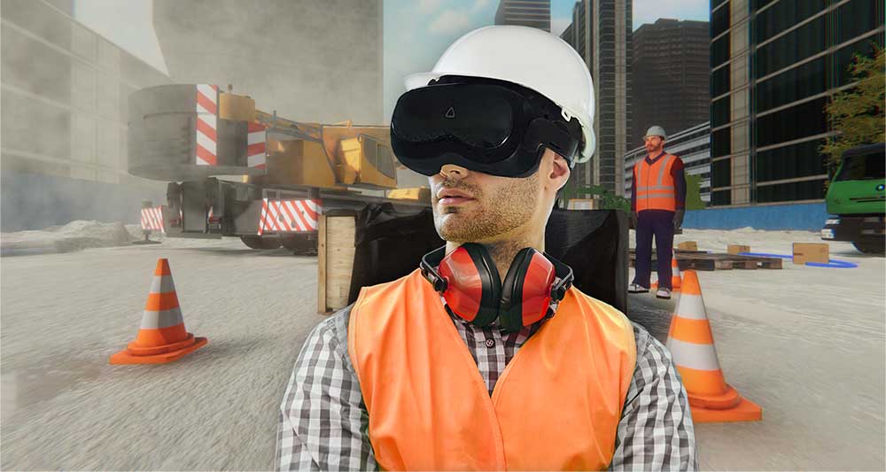 A man using a VR headset to raise awareness of the risks that can occur in a warehouse