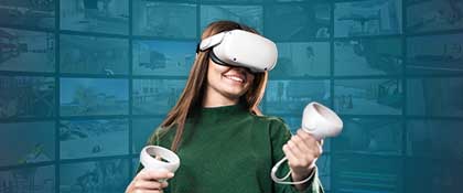 A woman using a VR headset to train for EHS hazards