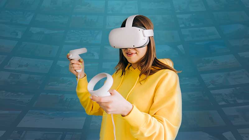 A woman using a VR headset to train for EHS risks