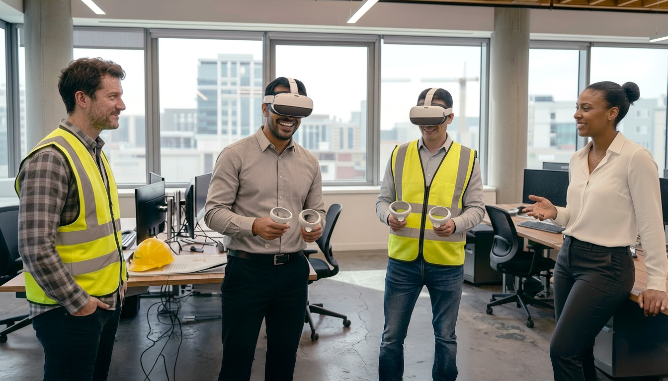 Mitarbeiter mit VR-Headsets während eines betrieblichen Sicherheitstags