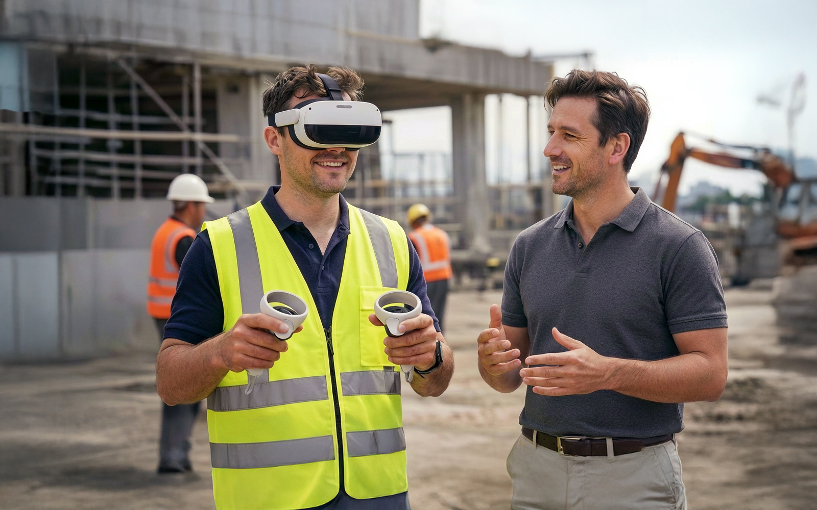 A worker using a VR headset on a construction site