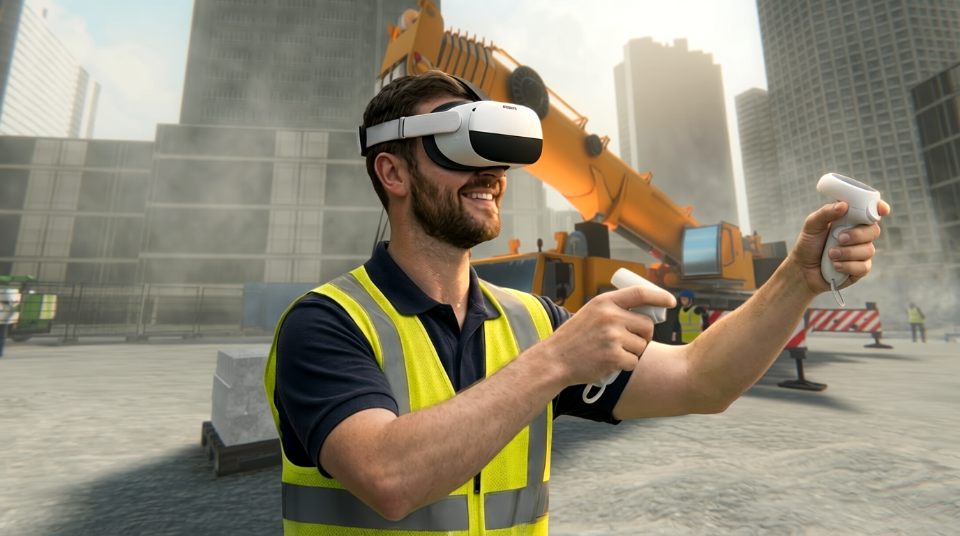 A construction worker immersed in a VR exercise