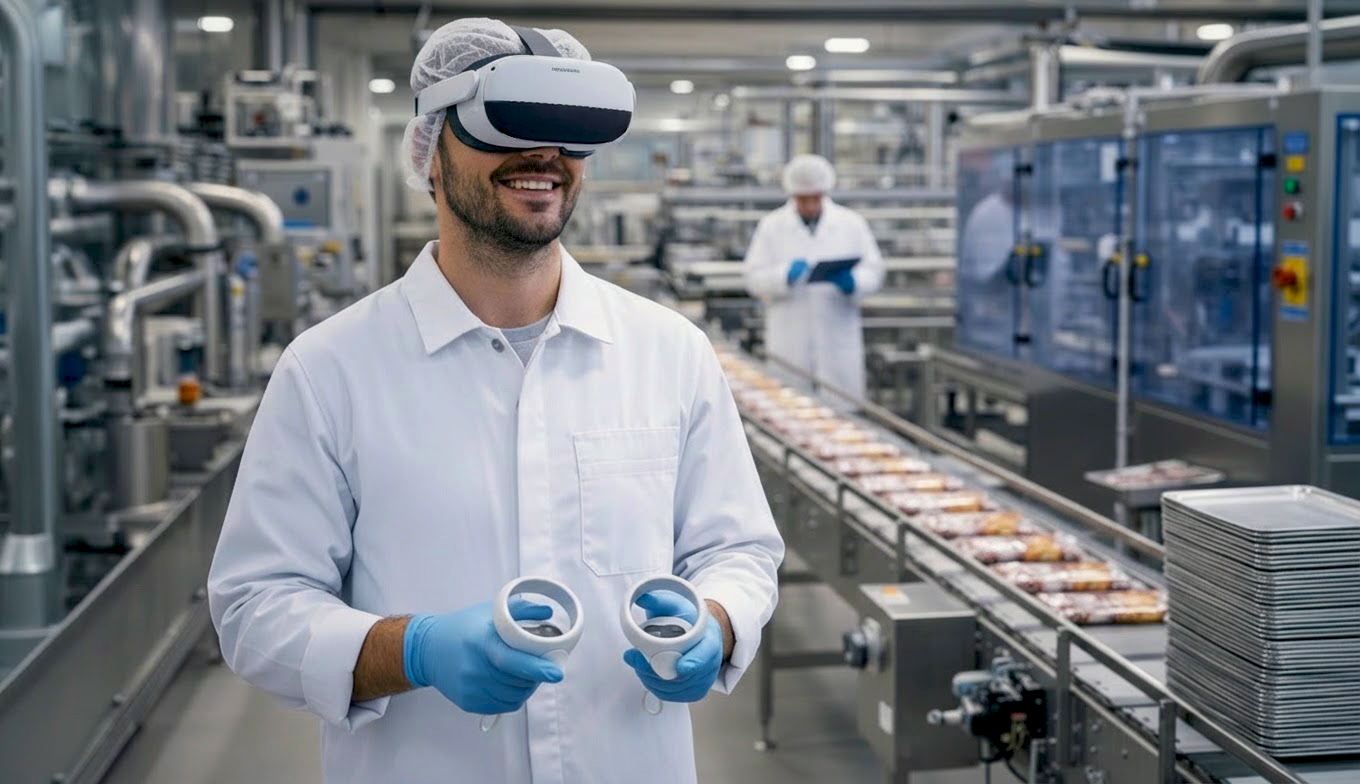Un travailleur du secteur agroalimentaire utilisant un casque VR