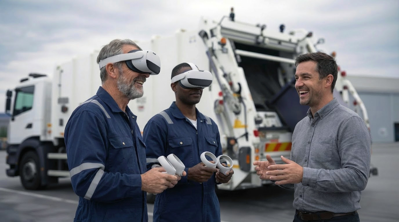 Arbeiter in der Abfallwirtschaft mit VR-Headsets
